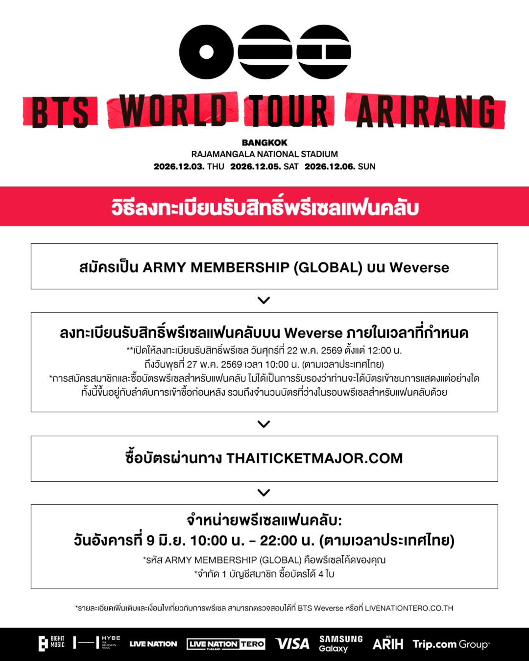 06 BTS BKK HOWWEVERSE TH โชว์แห่งปีที่รอคอย! เช็กเลย ผังที่นั่ง-ราคา BTS WORLD TOUR ‘ARIRANG’ วอร์มนิ้วเตรียมลุยกดบัตร! จัดเต็ม 3 รอบราชมังฯ 3, 5 และ 6 ธันวาคมนี้