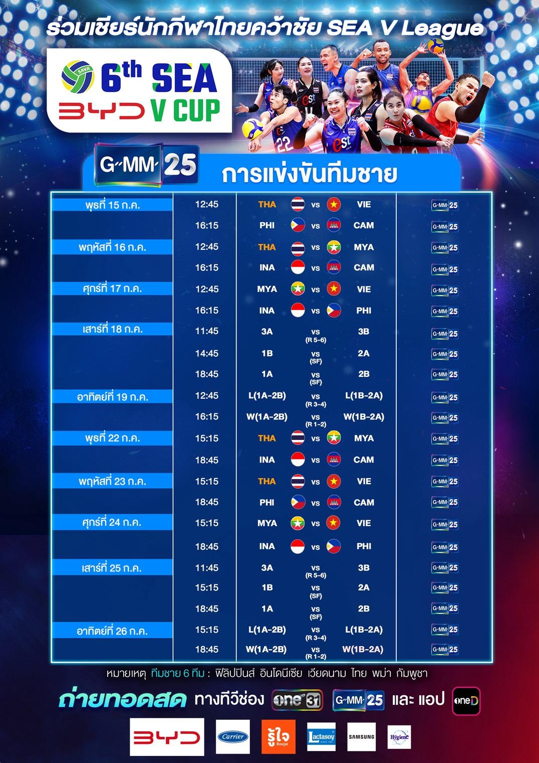 1783754023886 วอลเลย์บอล BYD DMI 6th SEA V CUP 2026 ถ่ายทอดสดครบ 34 แมตซ์ “one31 - GMM25 - แอป oneD”